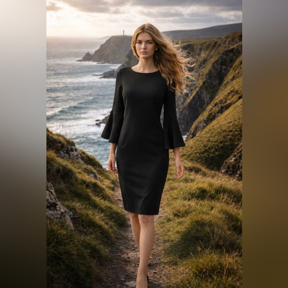 Calvin Klein Scuba Sheath Dress 8 Black Stretch 3/4 Long Sleeve Career